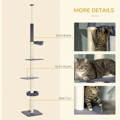SKYONE 95-106" Adjustable Cat Tree With 5 Tiers, Sisal Scratching Posts, Cozy Bed, Hammock & Toy 5 SKYONE 95-106" Adjustable Cat Tree With 5 Tiers, Sisal Scratching Posts, Cozy Bed, Hammock & Toy - Image 5