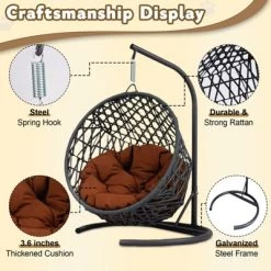 ORRD Cat Swing Egg Chair Bed W/Stand - Rattan Hanging Hammock For Cats & Small Dogs, Indoor Brown Pet Basket W/Cushion