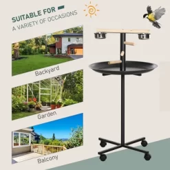 PawHut Bird Play Stand, Portable Parrot Perch, Bird Feeder Station, With Four Wheels, Stainless Steel Feeding Bowls, Round Tray, Grey -BlueBuffalo Sales Store GUEST dd854f26 5ecb 41e3 960a 9994d5565de5