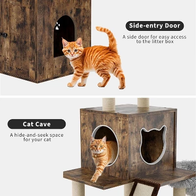 59-Inch Tall Modern Cat Tree With Hidden Litter Box Enclosure – 2-in-1 Cat Tower With Wood House, Scratching Posts, Caves & Washable Cushions 4 59-Inch Tall Modern Cat Tree With Hidden Litter Box Enclosure – 2-in-1 Cat Tower With Wood House, Scratching Posts, Caves & Washable Cushions - Image 4