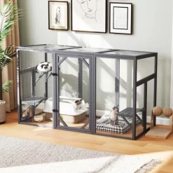SEVOBAL Pet Crates And Houses Outdoor Wood Cat Enclosure With 3 Platforms Lockable Door Sun Sheet Roof Large Run For Pets, Gray, 70.87"*31.5"*44.3"