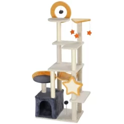 DOMETOUR 63 Inch Cute Cat Tree Cat Tower For Kitty, Cat Climbing Frame With Scratching Post, Cat Condo, Plush Perch, Hammock