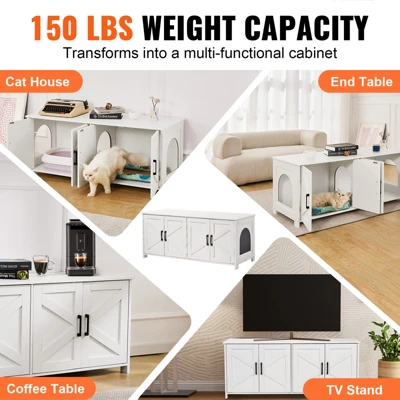 VEVOR Cat Litter Box Enclosure For 2 Cats, Litter Box Furniture Hidden With Double Rooms, Wooden Cat Box Cabinet, 47.2"L X 18.5"W X 19.7"H, White 5 VEVOR Cat Litter Box Enclosure For 2 Cats, Litter Box Furniture Hidden With Double Rooms, Wooden Cat Box Cabinet, 47.2"L X 18.5"W X 19.7"H, White - Image 5