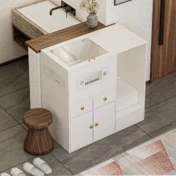 ATJafurn 40.2" Hidden Cat Cabinet With Hydraulic Glass Door And Storage, Modern White Cat Litter Box Enclosure Furniture For Living Room