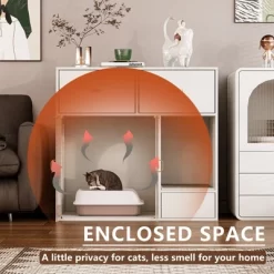ATJafurn Cat Litter Box Enclosure, 37.4'' Furniture Style Hidden Litter Box Cat Cabinet With Storage For Large Cats White