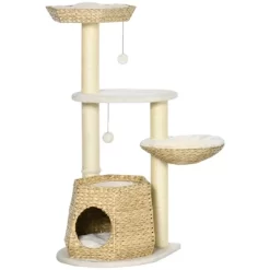 Chery Life 47" Cat Tree Kitty Activity Center, Cat Climbing Toy With Bed, Condo, Sisal Scratching Post, And Hanging Ball, Natural