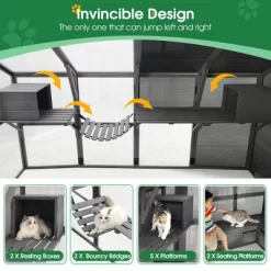 Comprehensive Cat House, Cat House For Outside With 56Ft² Activity Area, Large Walk-In Cat Cage With A 58" Tall-Cuddlewood