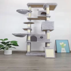 SEVOBAL Pet Tower 84-Inch Multi-Level With Spacious Condo, Hammock With Sisal Scratching Posts For Multiple Cats, Light Gray, 24.41"*15.35"*20.47"