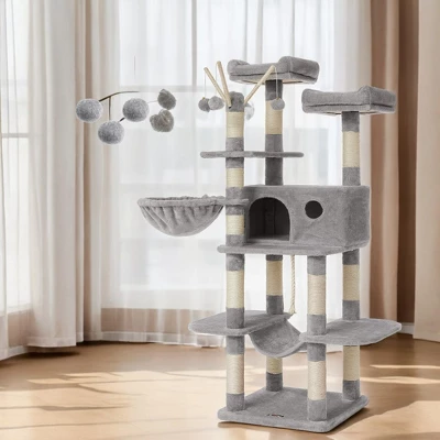 64.6 Inches Large Cat Tree Tower, Tall Cat Activity Center With Hammock, Basket, And Removable Fur Ball Sticks, Cat Condo Cat Houses For Indoor Cats 5 64.6 Inches Large Cat Tree Tower, Tall Cat Activity Center With Hammock, Basket, And Removable Fur Ball Sticks, Cat Condo Cat Houses For Indoor Cats - Image 5