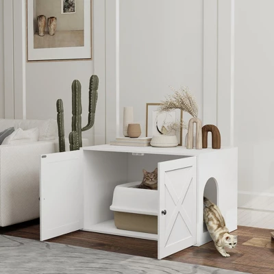 PawHut Cat Litter Box Enclosure, Hidden Litter Box Furniture With Barn Door, Cat Hole, End Side Table, 31.5" X 21" X 20", White 2 PawHut Cat Litter Box Enclosure, Hidden Litter Box Furniture With Barn Door, Cat Hole, End Side Table, 31.5" X 21" X 20", White - Image 2