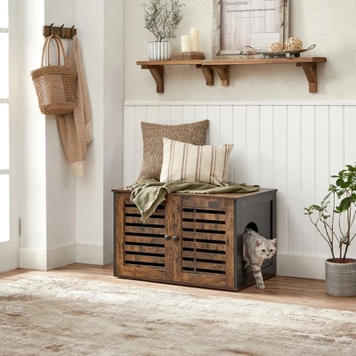 Cat Litter Box Enclosure With Shutter Doors, 31.5 Inch Hidden Litter Box Furniture As End Table, Rustic Brown And Black 5 Cat Litter Box Enclosure With Shutter Doors, 31.5 Inch Hidden Litter Box Furniture As End Table, Rustic Brown And Black - Image 5