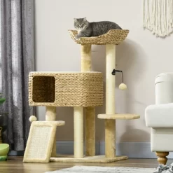 PawHut Scratching Posts, 45" Cat Tree For Indoor Cats With A Ramp, Condo, Toy Balls, Platforms, Bed Cat Tower, Beige