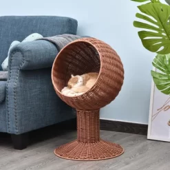 Elevated Cat Bed With Rotatable Egg Chair Pod, Cat Basket Bed With Thick Cushion, Natural Mat Grass Woven Kitty House, Brown -BlueBuffalo Sales Store GUEST e60f6f49 89d1 477f a328 da371256d6db