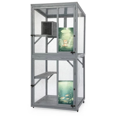 Resenkos 70-Inch Cat Catio, Outdoor Wooden Enclosure With Wheels, Multi-Level Platforms, Lockable Door, Sunroof, Custom Panels, Gray Gray With Pattern 4 Resenkos 70-Inch Cat Catio, Outdoor Wooden Enclosure With Wheels, Multi-Level Platforms, Lockable Door, Sunroof, Custom Panels, Gray Gray With Pattern - Image 4