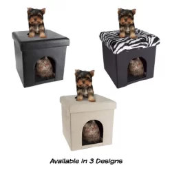 Pet House Ottoman - Collapsible Multipurpose Small Dog Or Cat Bed Cube And Footrest With Cushion Top And Interior Pillow By PETMAKER (Microsuede Tan)