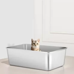 VEVOR Cat Litter Box, 8 Inches Deep, XL Extra Large Stainless Steel Cat Litter Box With Scoop, Wide Filtering Foot Board & High Sides
