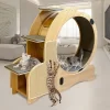 Cat Sports Running Wheel, Wooden Cat Exerciser Treadmill With Cat Scratching Board & Bowl, Cats Wheel Wood Climbing Frame For Indoor Cats