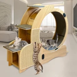 Cat Sports Running Wheel, Wooden Cat Exerciser Treadmill With Cat Scratching Board & Bowl, Cats Wheel Wood Climbing Frame For Indoor Cats