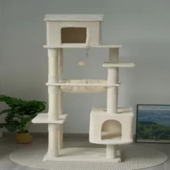 SEVOBAL Pet Tower 63-Inch Multi-Level Cat Tree With Plush Perches, Scratching Posts, Spacious For Play, Relaxation, Beige, 22.44"*11.42"*18.5"