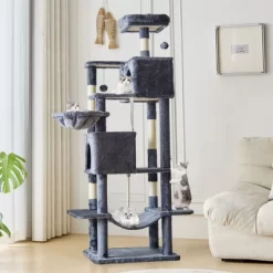 JIONJOY 66" Multi-Level Cat Tree - 2 Large Condos, Sisal Scratching Posts & Hammock, Stable Indoor Cat Tower-Dark Grey