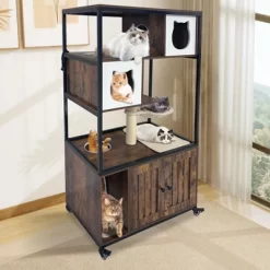Hidden Litter Box Enclosure With Cat Tree - Wooden Cabinet W/Wheels, Hammock & Scratching Post, Retro Brown -BlueBuffalo Sales Store GUEST eaa8db6d af9e 414f a91e 0e555ae81713