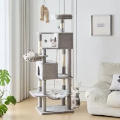 JIONJOY 66" Multi-Level Cat Tree - 2 Large Condos, Sisal Scratching Posts & Hammock, Stable Indoor Cat Tower-Light Grey