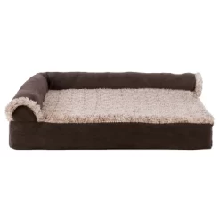 FurHaven Two-Tone Faux Fur & Suede Deluxe Chaise Lounge Cooling Gel Top Foam Sofa Dog Bed