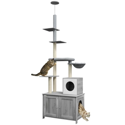YOOCOZZ PawHut Cat Tree With Litter Box Enclosure, 2 In 1 Floor To Ceiling, With Condo, Bed, Hammock, Scratching Posts And Platforms-Gray 1 YOOCOZZ PawHut Cat Tree With Litter Box Enclosure, 2 In 1 Floor To Ceiling, With Condo, Bed, Hammock, Scratching Posts And Platforms-Gray