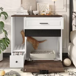 ModernLuxe Hidden Cat Litter Box Enclosure Furniture, Indoor Cat House End Table With 2 Drawers & Door, White+Brown (Fits Large Cats 41-70 Lbs)