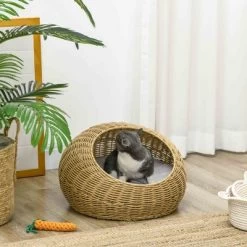 PawHut Rattan Cat Bed, Wicker Cat House Basket With Washable Cushion For Small Indoor Cats And Dogs, Light Brown