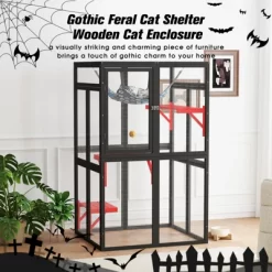 AZL1 Life Concept Pet Crates And Houses Gothic Feral Cat Shelter, Wooden Cat Enclosure, Kitten Cage Condo, Black, 33.3"*39.4"*63.8"