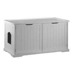 Merry Products Pet Cat Litter Box Washroom Storage Bench Box With Removable Partition Wall And Cat Entrance, 1 White And 1 Walnut