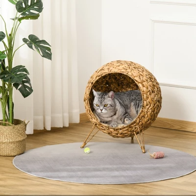 PawHut 20.5" Weaved Cat Bed, Elevated Hand Made Cat House Condo With Cushion 2 PawHut 20.5" Weaved Cat Bed, Elevated Hand Made Cat House Condo With Cushion - Image 2