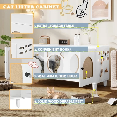 Cat Cabinet Cat House Cat Litter Box Enclosure With Sisal Cat Scratcher & Hooks, Sideboard Storage Cabinet, White - ModernLuxe 2 Cat Cabinet Cat House Cat Litter Box Enclosure With Sisal Cat Scratcher & Hooks, Sideboard Storage Cabinet, White - ModernLuxe - Image 2
