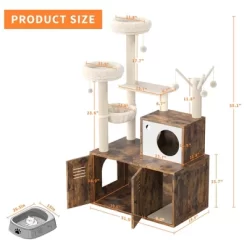 Cat Tree With Litter Box Enclosure, Wooden Cat Condo With Platform, Hammock, Pompoms, Scratching Posts, All-in-One Cat Furniture