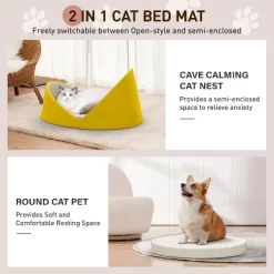 Hachikiko 2-in-1 Cat Bed - Convertible Semi-Enclosed Design/Windproof/Removable Washable For Cats & Small Dogs (Yellow, 40x32x13cm)