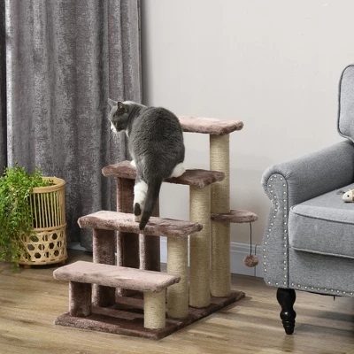 PawHut 4 Levels Cat Steps, Pet Stairs Carpeted Ladder, Kitten Tree Climber With Scratching Posts, Hanging Play Ball, Side Step, Brown 2 PawHut 4 Levels Cat Steps, Pet Stairs Carpeted Ladder, Kitten Tree Climber With Scratching Posts, Hanging Play Ball, Side Step, Brown - Image 2