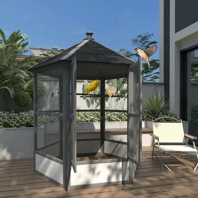 Resenkos Bird Cage, Bird Cages Habitat,69" Wooden Hexagonal Outdoor Aviary Flight Bird Cage With Covered Roof, Light Gray 2 Resenkos Bird Cage, Bird Cages Habitat,69" Wooden Hexagonal Outdoor Aviary Flight Bird Cage With Covered Roof, Light Gray - Image 2