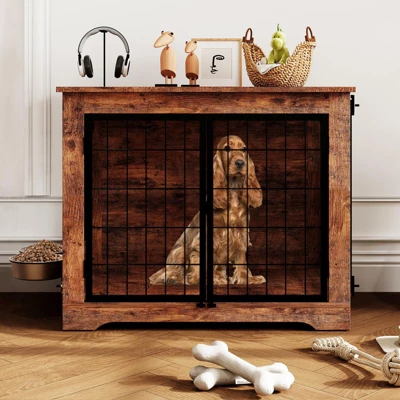Dog Crate Furniture With 360° Rotating Feeder, Wooden Crate End Table With 2 Doors, Anti-Chew Anti-Escape, Heavy Duty Indoor Kennel Cage 5 Dog Crate Furniture With 360° Rotating Feeder, Wooden Crate End Table With 2 Doors, Anti-Chew Anti-Escape, Heavy Duty Indoor Kennel Cage - Image 5