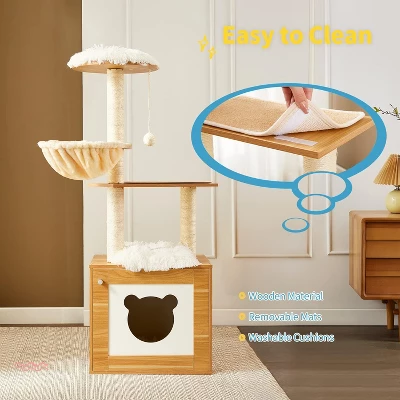 QuestaPack Modern Cat Tree Tower For Indoor Cats - 65" Tall Wood Condo With Hammock 1 QuestaPack Modern Cat Tree Tower For Indoor Cats - 65" Tall Wood Condo With Hammock