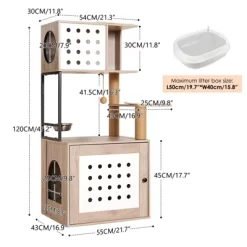 Kumasinova Modern Cat Tree With Litter Box Enclosure,Cat Tree Tower With Feeding Station,Multi-Functional Cat Tower With Scratching Post,Gray+White