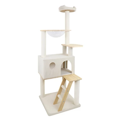 KTMBDW 65'' Cat Tree For Indor Cats, Multifunctional Cat Tower With Cozy Condo, Perches, Scratching Posts And Hammock, White 6 KTMBDW 65'' Cat Tree For Indor Cats, Multifunctional Cat Tower With Cozy Condo, Perches, Scratching Posts And Hammock, White - Image 6
