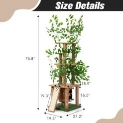 FURNIinspire Pet Tower Cat Tree With Artificial Leaves, Cat Condo And Scratching Post, Modern Cat Furniture, Brown, 19.30"*27.20"*76.80"