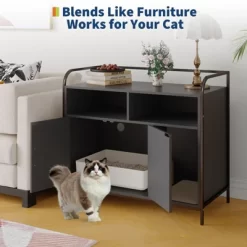 Cat Litter Box Enclosure With Metal Frame And Dual Storage Shelves, Modern Hidden Litter Box Furniture Indoor Cat House