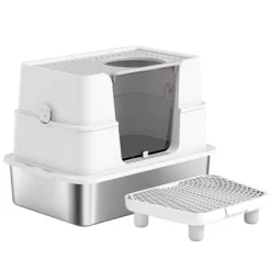 PawHut XL Stainless Steel Litter Box With Lid, Top & Side Entry Enclosed Litter Box With 100° Flip Top, Scoop, Step, Non-Sticky, Anti Leakage -BlueBuffalo Sales Store GUEST ff4b1df7 5458 4a66 bbb2 9db717558a83